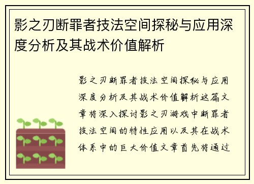 影之刃断罪者技法空间探秘与应用深度分析及其战术价值解析