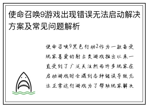 使命召唤9游戏出现错误无法启动解决方案及常见问题解析